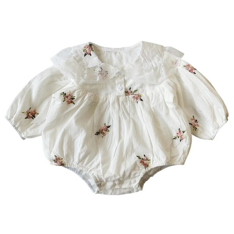 2023 Autumn Spring Newborn Baby Girls Full Sleeve Lace Flower Peter Pan Collar 100% Cotton Bodysuits 0-24M