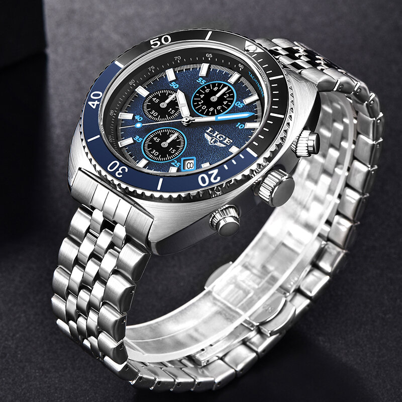LIGE jam tangan Stainless Steel pria, arloji olahraga konograf Quartz 2023 untuk lelaki