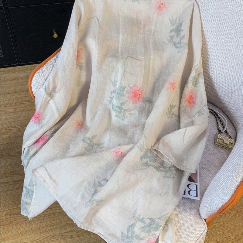 New Chinese Style Printed Cotton and Linen Shirt Women's Loose-Fitting Lightweight Thin Mid-Length Cardigan Clothing Top