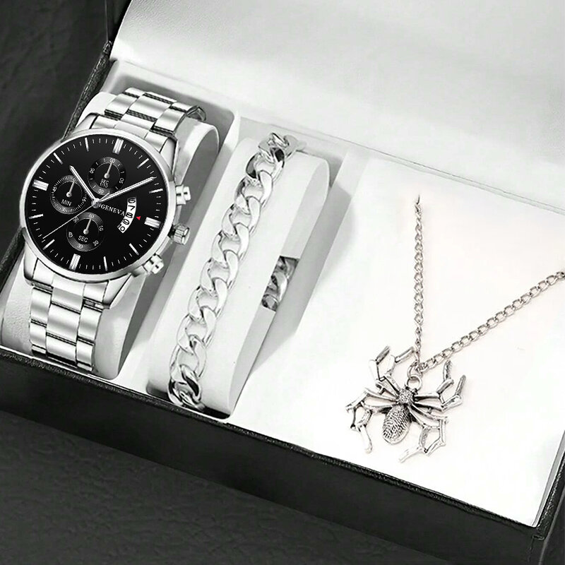 男性用ステンレス腕時計,クォーツ時計,シルバーブレスレット,ネックレス,ビジネス時計,カジュアルファッション,3個セット