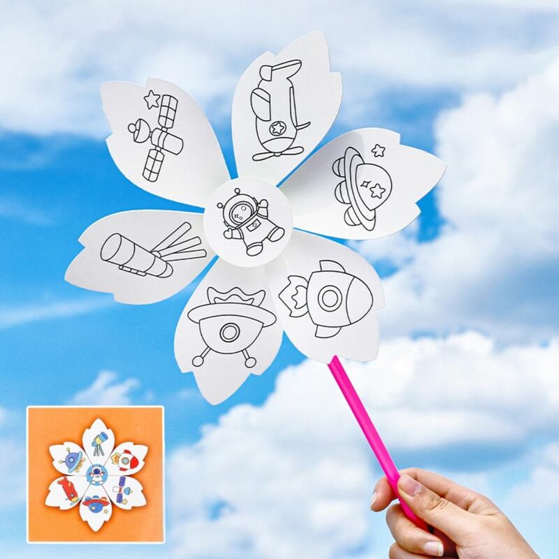 Animal DIY Color Filling Windmill Toy Flower Space Handmade Art Painting Winnower Painted Educational Blank Windmill Toy Gifts