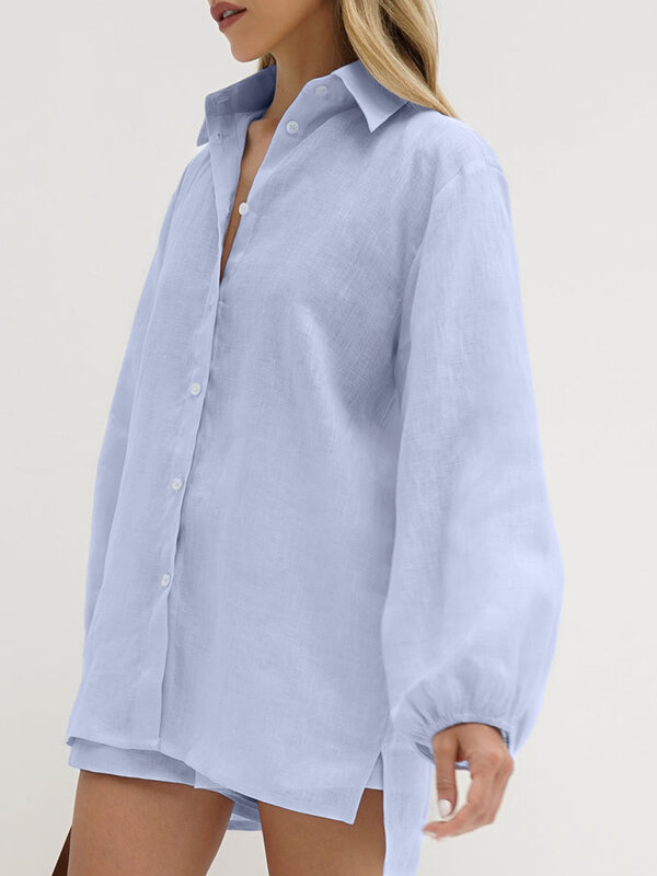 Marthaqiqi-Conjunto de ropa de dormir azul para mujer, pijamas de cuello vuelto, camisones de manga larga, pantalones cortos, traje de dormir informal de algodón para mujer