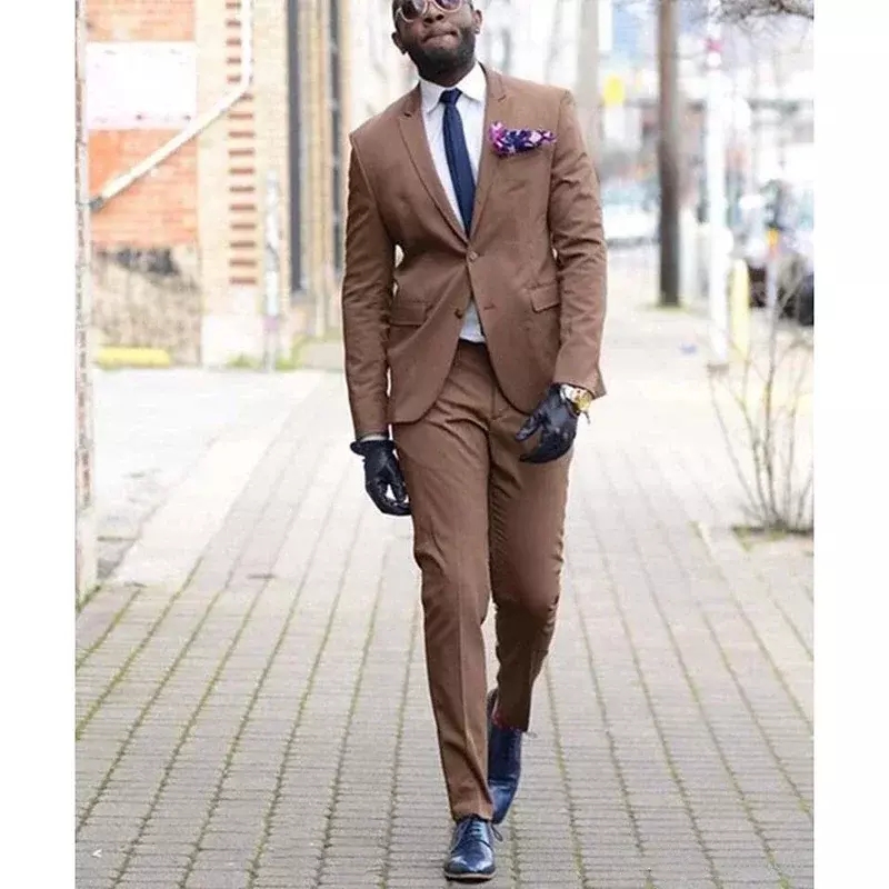 2024 Fashion Brown Casual Men Suit High Street Slim Fit Blazer Hombre High Quality Custom 2 Piece Set Jacket Pant Costume Homme
