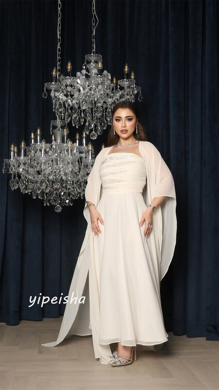 Gaun Prom malam Jersey Arab Saudi berpayet manik-manik Quinceanera A-line leher persegi Bespoke gaun acara gaun Midi