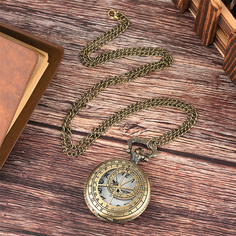 Vintage Hollow Out Geometry Case Men Women Quartz Analog Pocket Watch Half Hunter Pendant Necklace Fob Chain Compass Clock