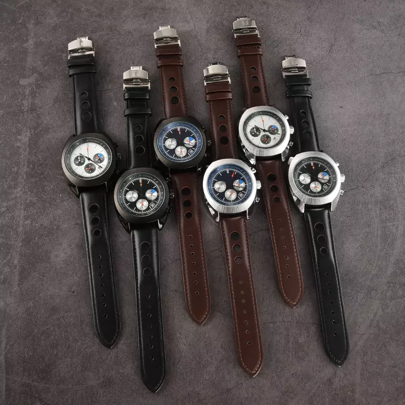 Homens quartzo movimento cronógrafo relógio de pulso, pulseira de couro, Auto Date Dial, alta qualidade, novo, aço