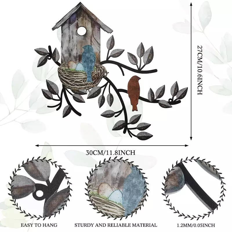 Arbre d'art en métal de jardin avec maison d'oiseau, décoration murale, branches d'arbre et artisanat en fer d'oiseau, montage mural en métal