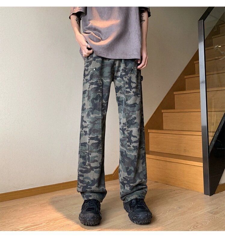 Calça de carga camuflada solta masculina, casual com perna reta, marca da moda americana de rua alta, nova, primavera e outono, meados XL, 2023