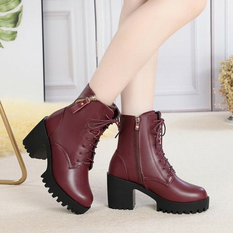 AIYUQI 2024 nowe zimowe buty damskie prawdziwej skóry wysoki obcas gruby obcas platforma ciepłe wełniane buty buty ślubne czerwone