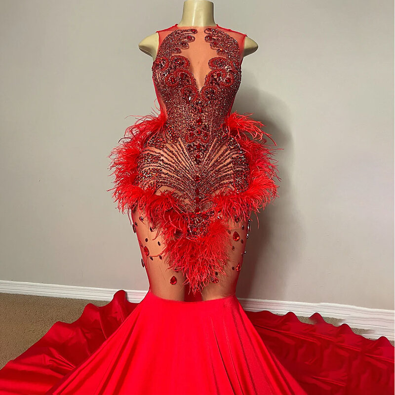 Luxury Red Mermaid Prom Dresses Feather Crystal Sleeveless Brush Train Evening Patry Dress Black Girl Diamond Robe de soirée