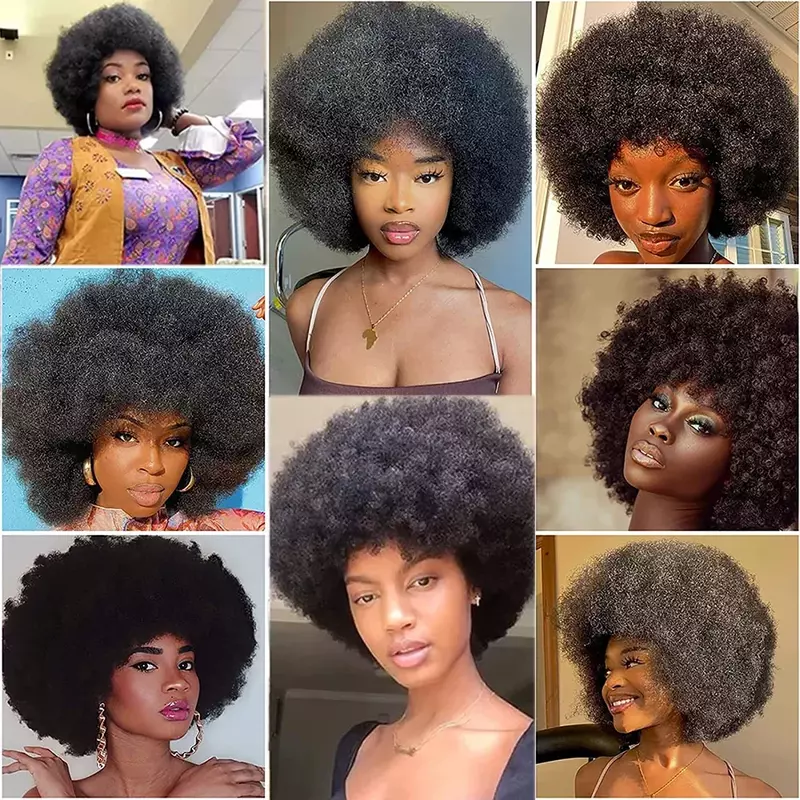 Peruca afro e encaracolada com Franja para mulheres negras, perucas de cabelo curto fofo, Ombre sintético, cosplay sem cola, marrom natural, preto, rosa