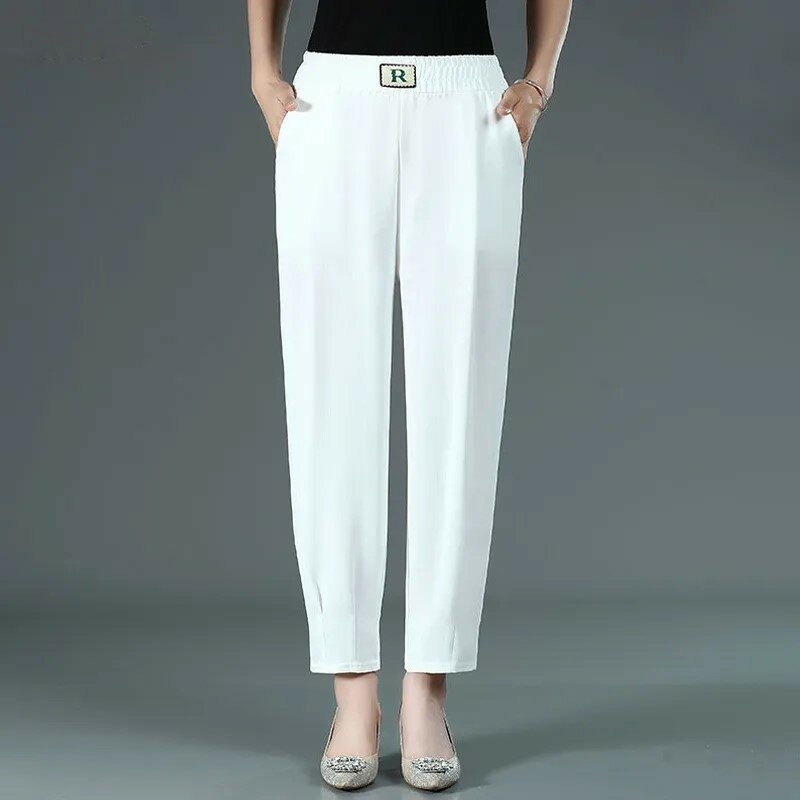 New White Office Lady Elastic Waist Harem Pants Spring Autumn Fashion Solid Loose Straight Pockets Women's Trousers