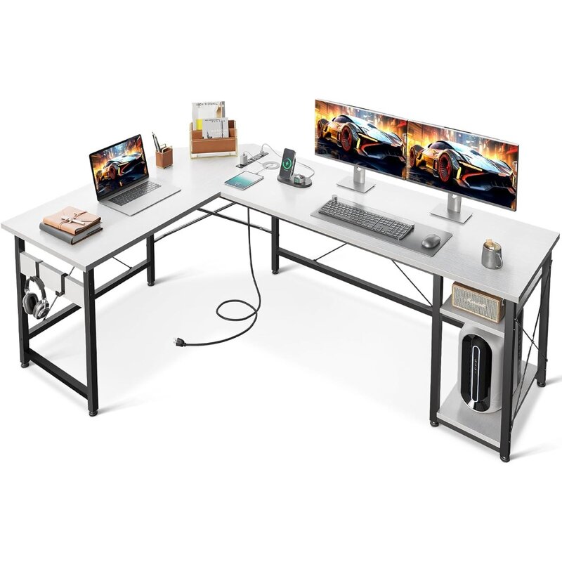 Coleshome meja komputer berbentuk L 66 "dengan stopkontak daya & rak penyimpanan, meja tulis sudut kokoh meja kerja