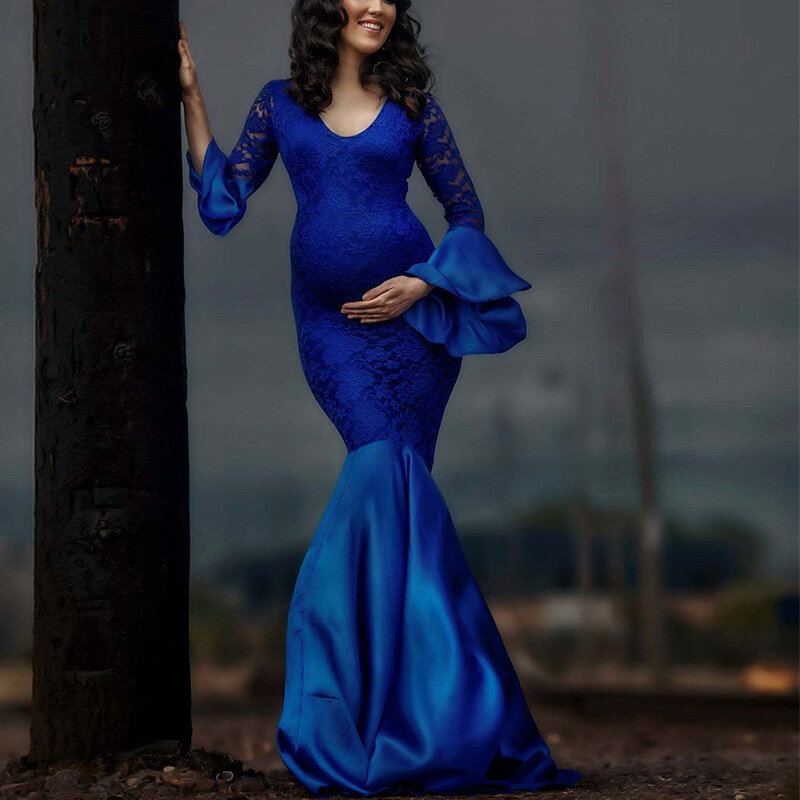 Premama Bodycon Lace Dress Party V Neck Flare Sleeve Baby Shower Maternity Women Pregnancy Photo Shooting Maxi Mermaid Dresses