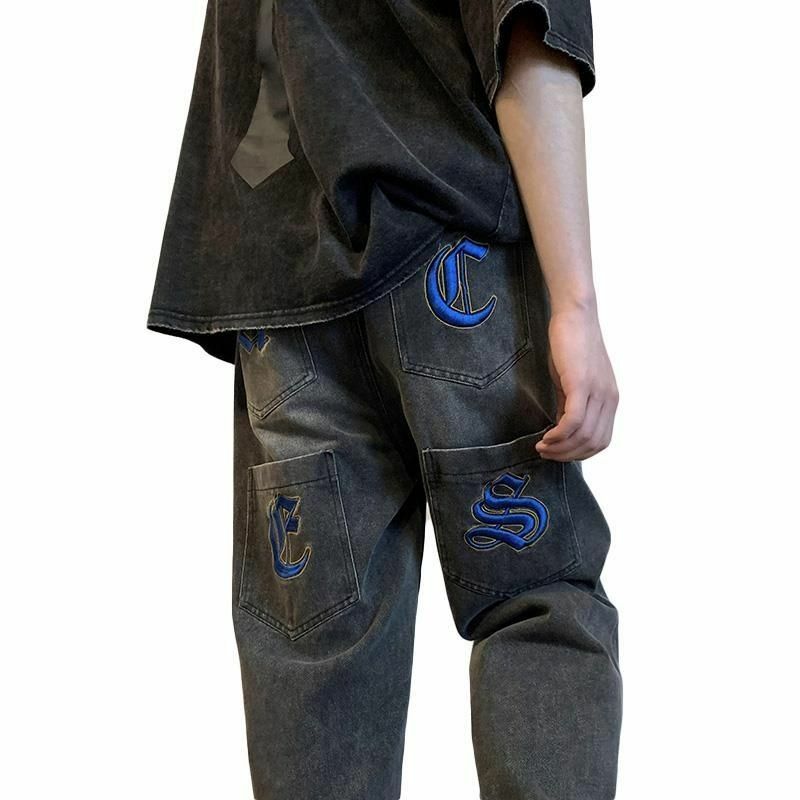 Bordado drawstring jeans y2k retro masculino solto rua hip-hop esfregando calças tendência em linha reta casual impressão moda calças