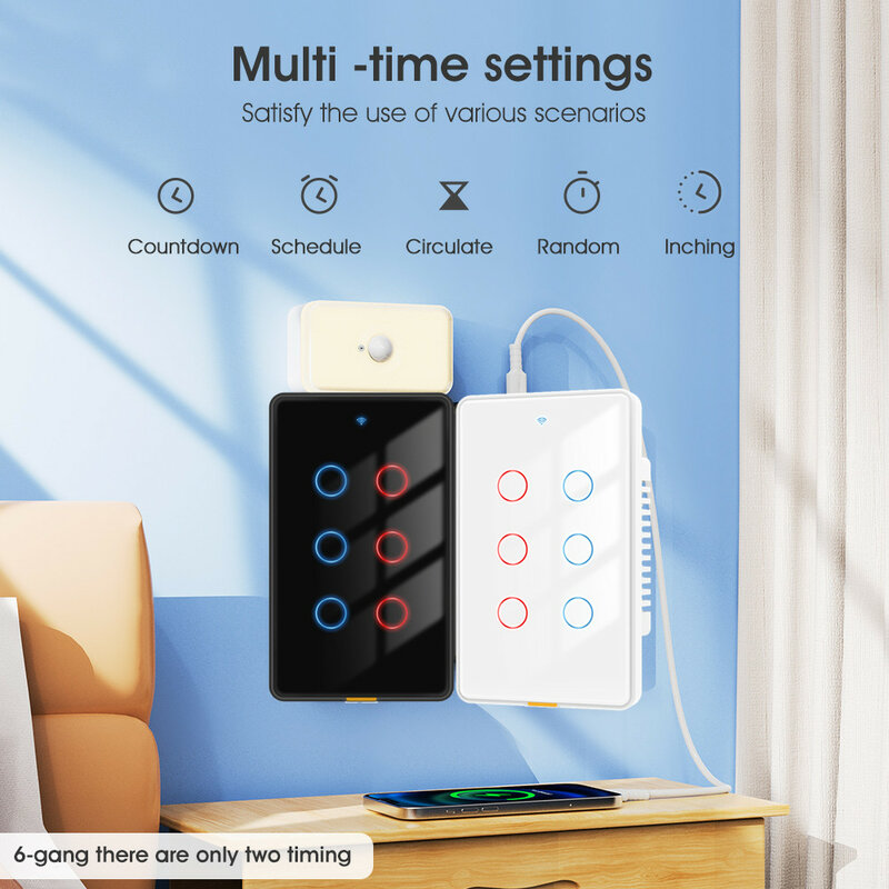 Cerhot Tuya Smart Home WiFi nirkabel RF433 lampu US dinding saklar sentuh 110-240V tipe-c waktu 6Gang mendukung Alexa Google Voice