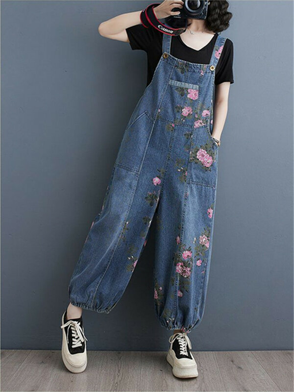 New Women's Spring Printed Fashion Ethnic Style Sleeveless Overalls New Retro Loose Multi Pocket Straight Vintage Denim Jumpsuit