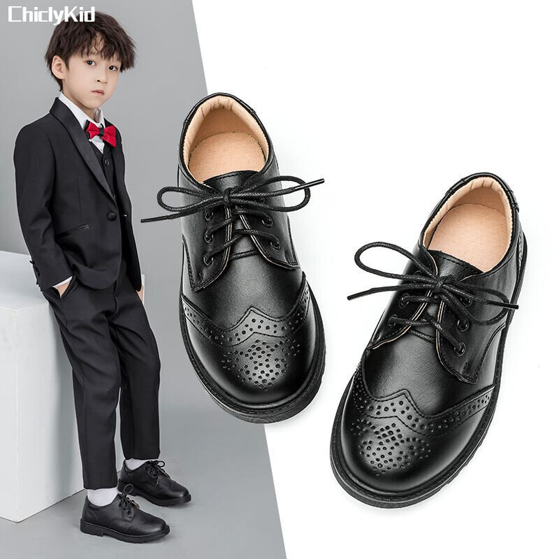 Meninos escavados sapatos de couro, Sapatos baixos formais para crianças, Sapatos de dança de casamento para criança, Moda escolar, Flat infantil