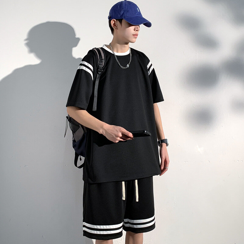 Summer Sports Set Men's  Loose and Casual Tracksuit Short sleeved T-shirt and Shorts Breathable Suit Korean Fashion Outfit