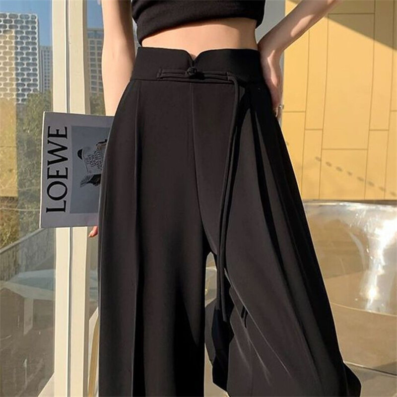 New Chinese Style Wide-Leg Pants Women's Spring And Autumn High Waist Loose Slim Tall Straight Leisure Suit Pants