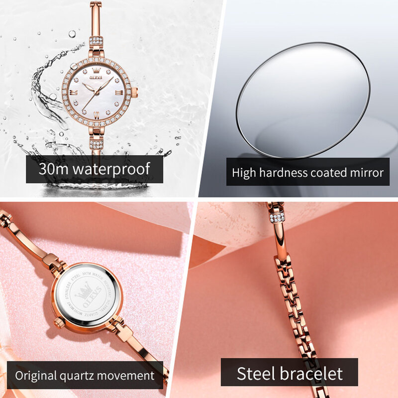 Il braccialetto delle signore eleganti di marca di lusso guarda l'orologio impermeabile dei gioielli degli strass per gli orologi da polso al quarzo delle donne minimaliste