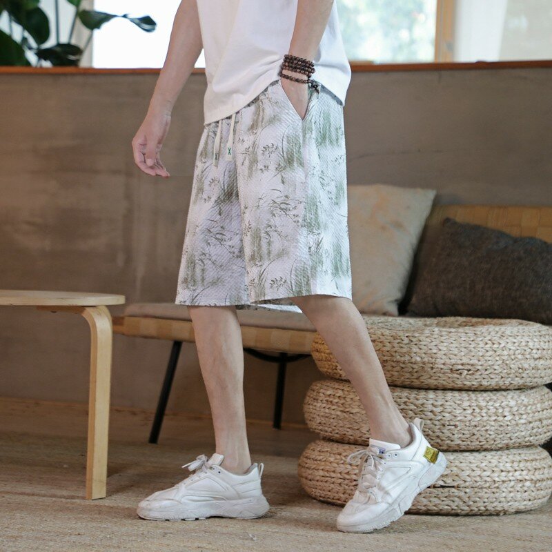 Calções de rua com elástico masculino, estampado de caracteres chinês tradicional, roupa confortável, novo, verão, 2024
