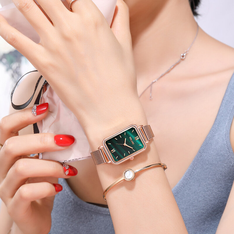 INS-Montre à quartz carrée pour femme, ensemble de bracelets, cadran vert, simple, maille or rose, montres de luxe pour femme, marque de mode