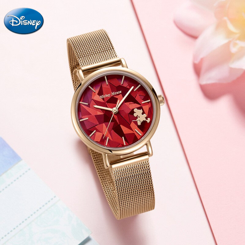 Часы наручные диснеевские кварцевые для девочек, подарок с изображением Микки Мауса, геометрической формы, граненые, водонепроницаемые, с футляром