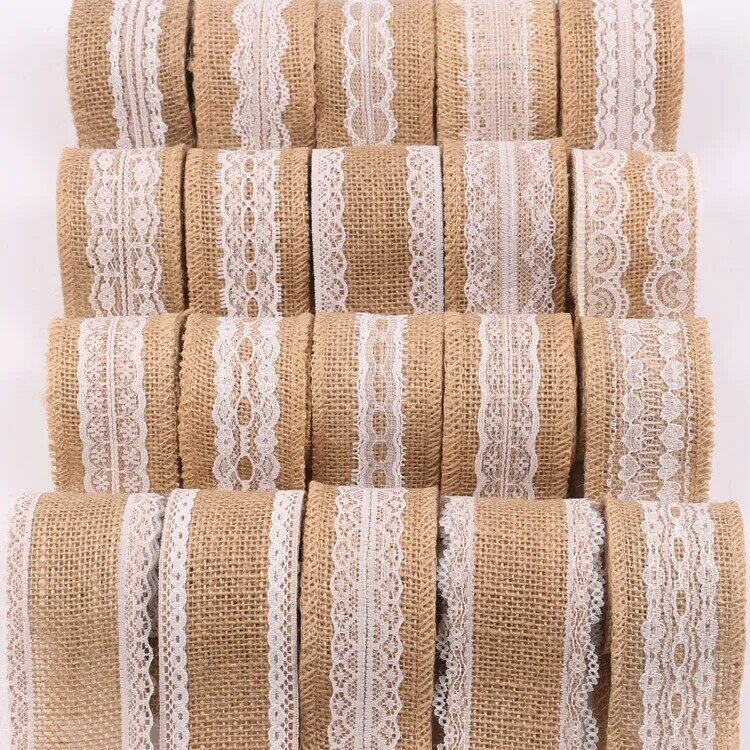 Vintage Burlap Table Runner with Lace for DIY Party and Holiday Décor, Handmade and 2m Long