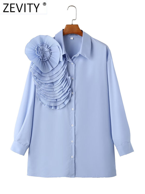 Zevity Women Fashion Pleated Large Flower Appliques Solid Smock Blouse Office Lady Buttons Shirt Chic Chemise Blusas Tops LS5639