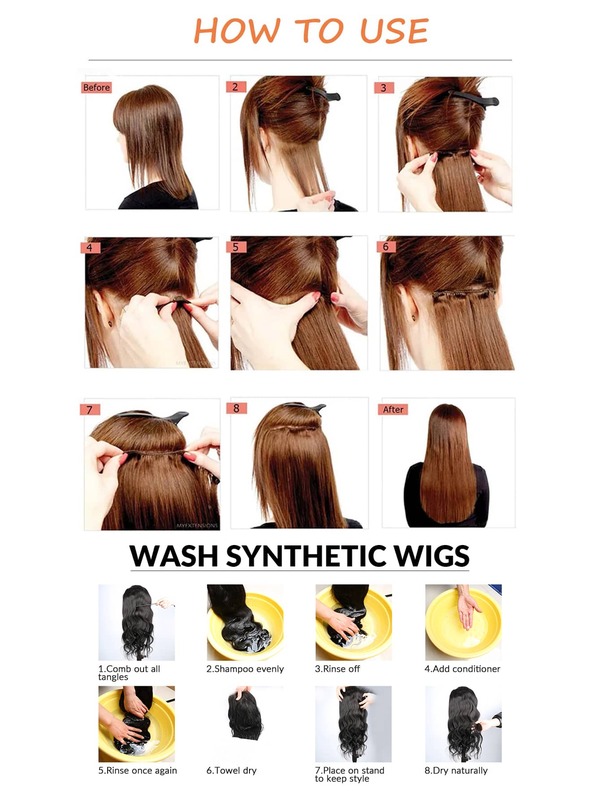 女性用ストレートヘアエクステンション,人工毛エクステンションクリップ,5つのクリップスタイル,天然黒と茶色,日常使用,20インチ