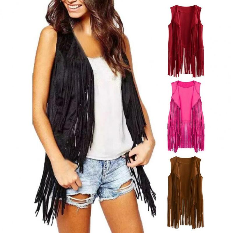 Sleeveless Vest Vintage Western Cowboy Cosplay Women's Tassel Fringed Cardigan with Open Stitch Sleeveless Design for Stage