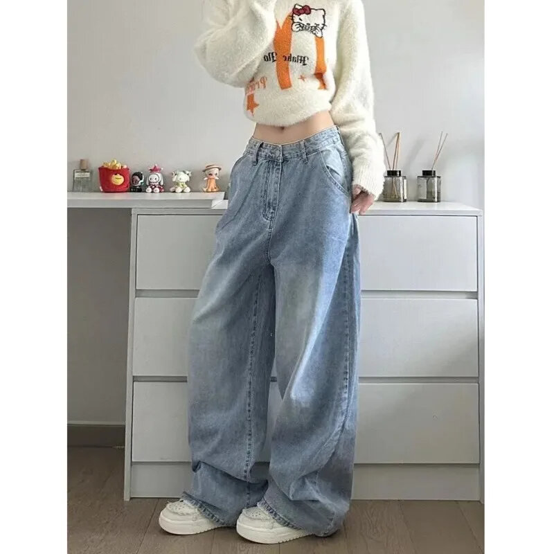 Hello Kitty MINISO Denim Pants Retro Letter Embroidery Jeans High Waist Loose Wide Leg Trousers High Street Pants for Girl