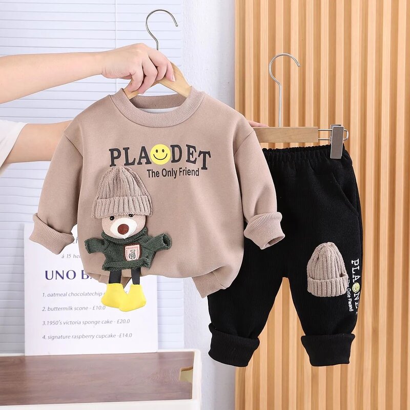 Children's Clothing Set Autumn and Winter New Boys' Baby Korean Edition Plush Thickened Sweater Pants Two Piece Set