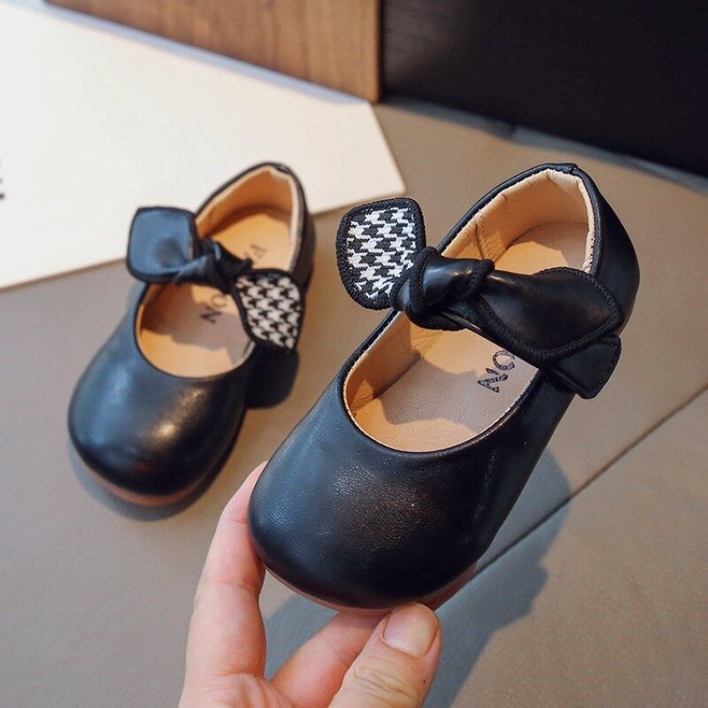 Girls Leather Shoes for Party Wedding Fashion Kids Houndstooth Princess Shoes with Bowtie Round-toe Baby First Walker Shoes