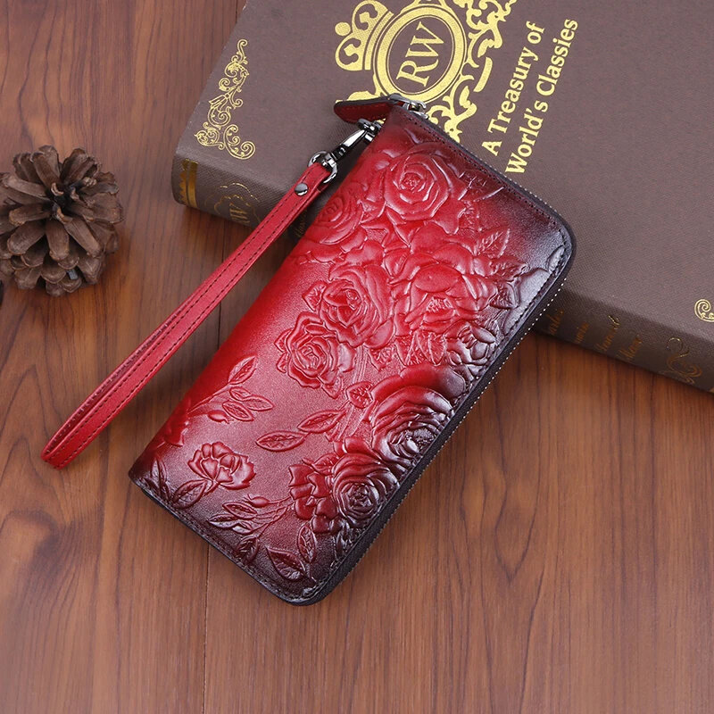 Genuine Leather Women Purse Clutch Handy Bag Printing Rose floral Real Cowhide Female Ladies Card Retro Money Clips Long Wallet