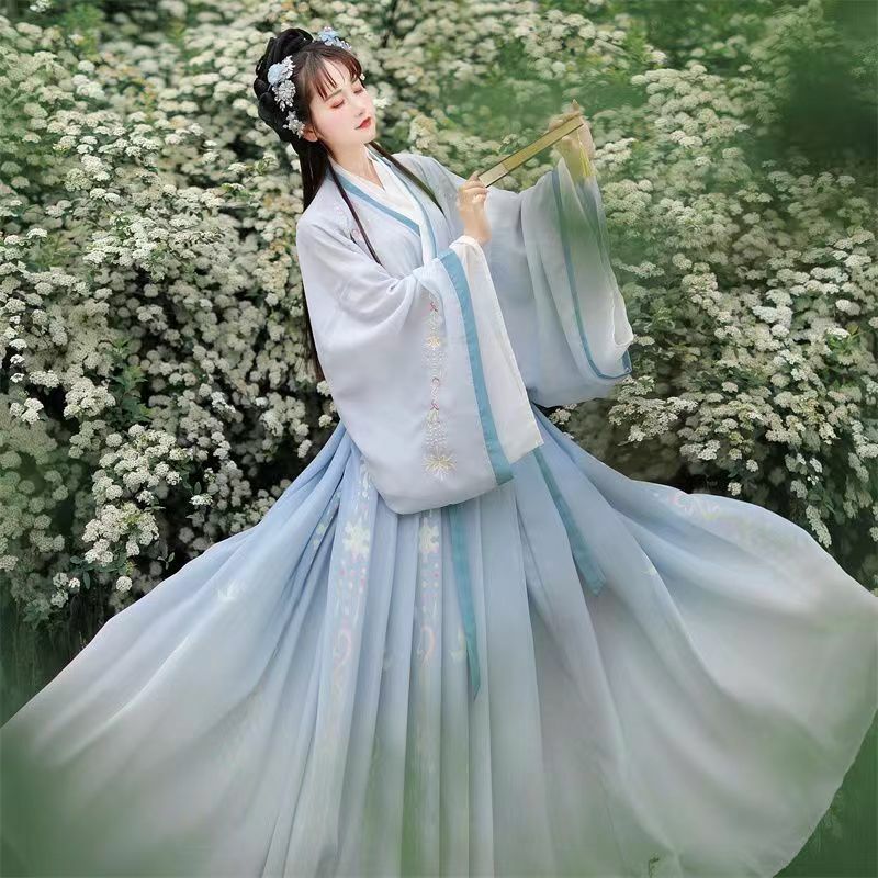 Vestido de dança bordado tradicional chinês feminino, hanfu feminino, fantasia de cosplay de fadas gradiente azul e verde, hanfu para palco