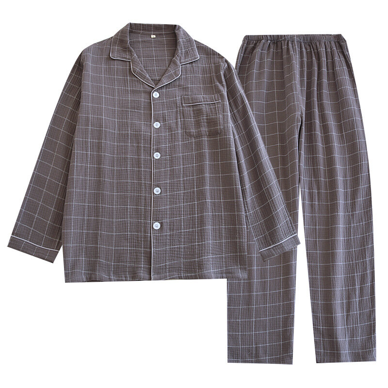 Frühling/Herbst Herren Pyjama Plaid Crêpe Langarmhose zweiteilig Set zweifarbig große Größe lose und lässige Hauskleidung