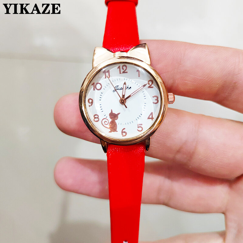 Yikaze Kids Lederen Band Quartz Horloge Kinderen Set Armband Horloge Student Voor Meisjes Klok Kids Horloge Schattige Kat Gouden Wijzerplaat Horloge