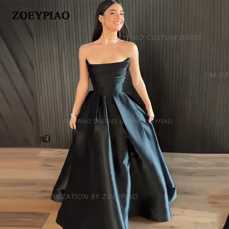 Einfache atember aubende Satin schwarz eine Linie Ballkleid träger los benutzer definierte elegante lange formelle Abendkleid für Frauen Kleider Kleider Design