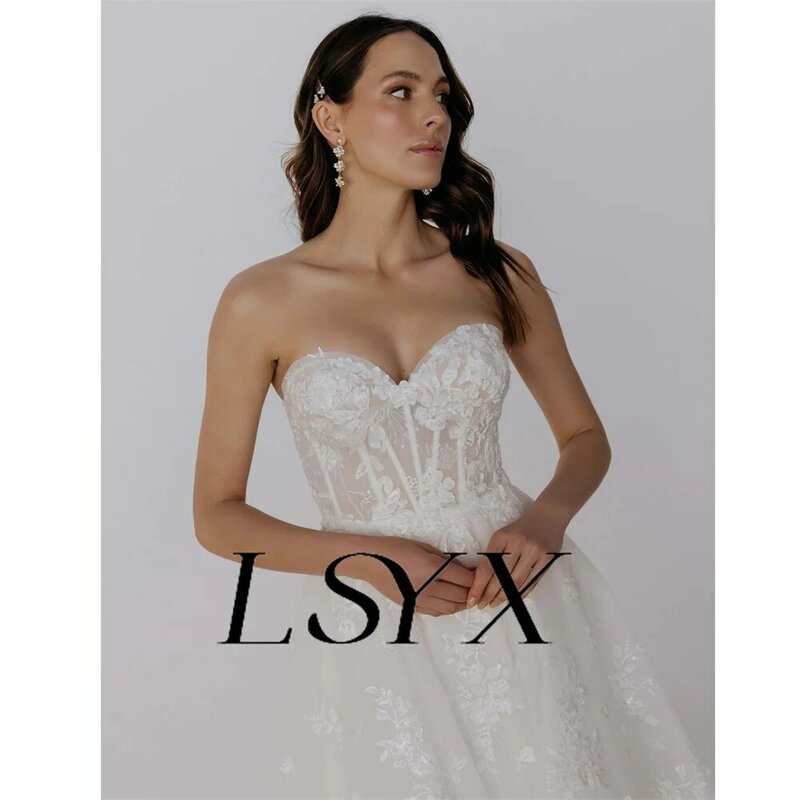 LSYX Elegant Sweetheat Appliques Tulle A-Line Wedding Dress High Side Slit Zipper Back Floor Length Bridal Gown Custom Msde