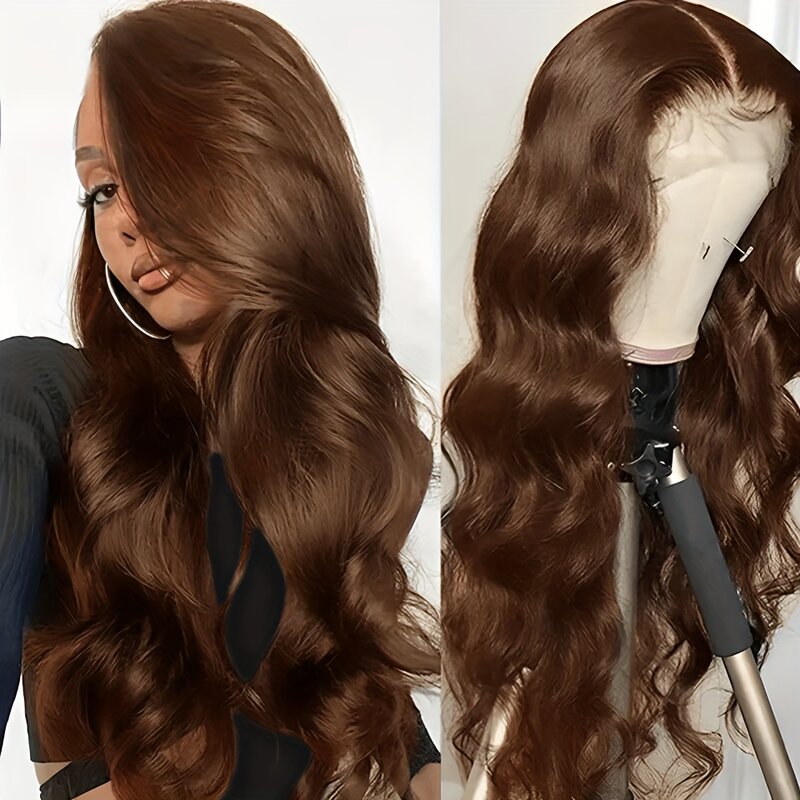 Peluca de cabello humano ondulado para mujer, postizo de encaje Frontal transparente, color marrón Chocolate, HD 13x4, densidad del 180%, predesplumada, 4 #