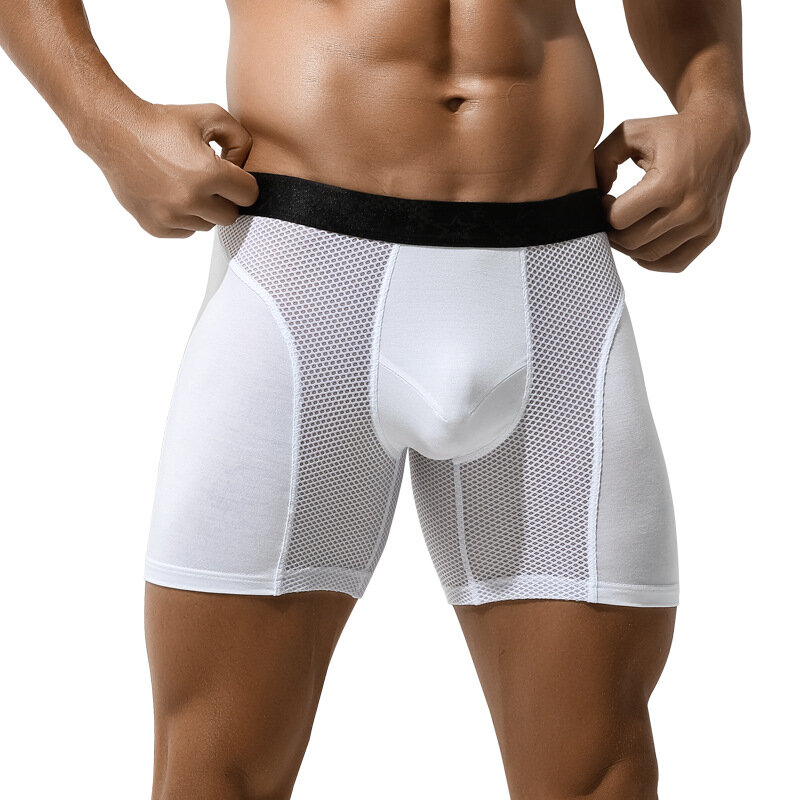 Man Sexy U Convex Mesh Breathable Panties Men's Long Boxer Underwear Extended Wear-Resistant Legs Men Boxershorts Plus Size 6XL
