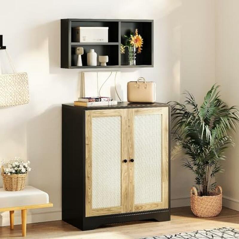 Rattan Decorated Kitchen Buffet Cabinet Natural Finish Sideboard Storage Wall Mounted Dining Room Pantry 2 Doors Bar Cabinet