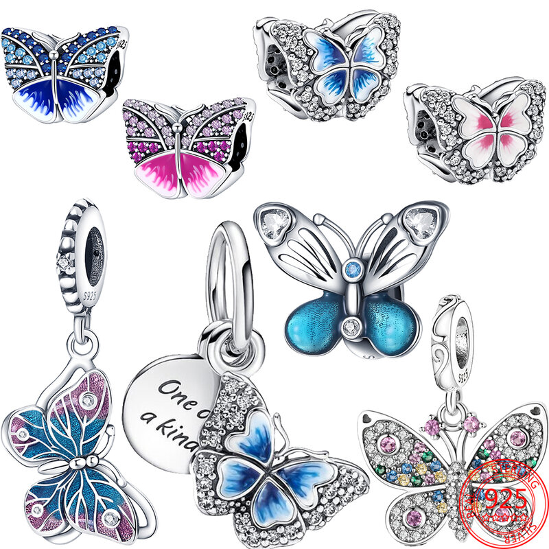 Новые Синие Бабочки и цитаты, двойной подвесной Шарм-бабочка, сверкающие бусины, подходит для брендового браслета, серебро 925 пробы, ювелирные изделия в подарок