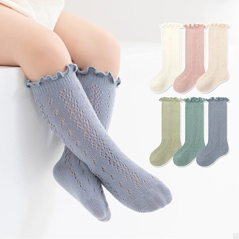 Носки для маленьких девочек 6 цветов, сетчатые гольфы, весна-лето 2024, детские длинные тонкие хлопковые Дышащие носки с оборками для маленьких принцесс