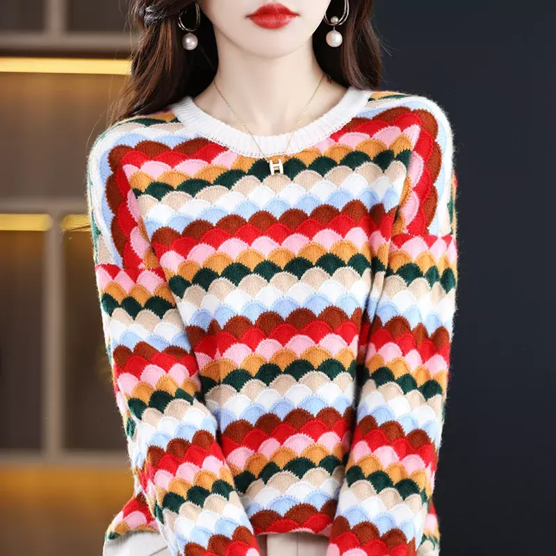 Jesienno-zimowa damska 100% sweter z wełny Merino tęczowa luźny sweter z okrągłym dekoltem moda na co dzień dzianinowy sweter z kaszmiru
