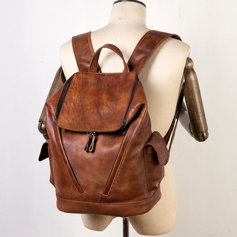 Роскошный дизайнерский винтажный дорожный рюкзак для мужчин, мягкий потертый коньяк ручной работы, Подарочная мужская сумочка