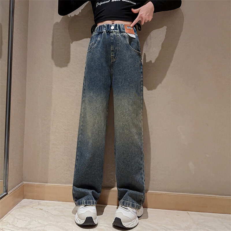 Celana jeans anak perempuan 6-15 tahun, celana kaki lebar warna gradien Musim Semi dan Gugur 2024