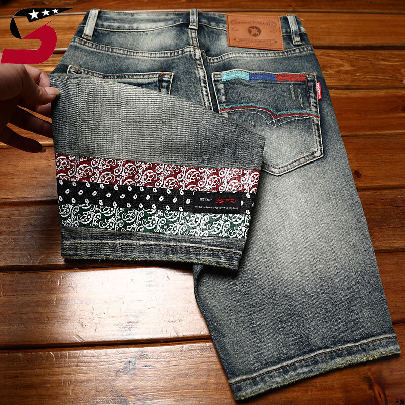 Bestickte bedruckte Jeans shorts Herrenmode Retro Slim Stretch Herren Sommer zerrissene Freizeit Street Shorts